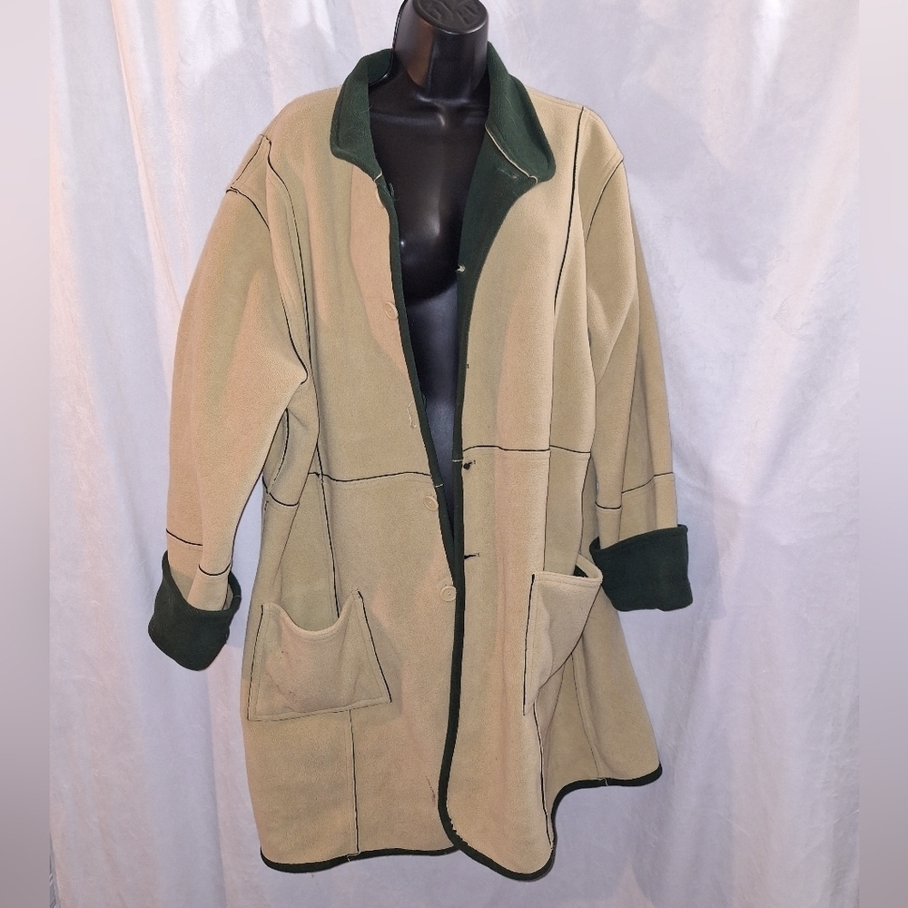Tan and Green Cozy Coat with Stand-Up Collar